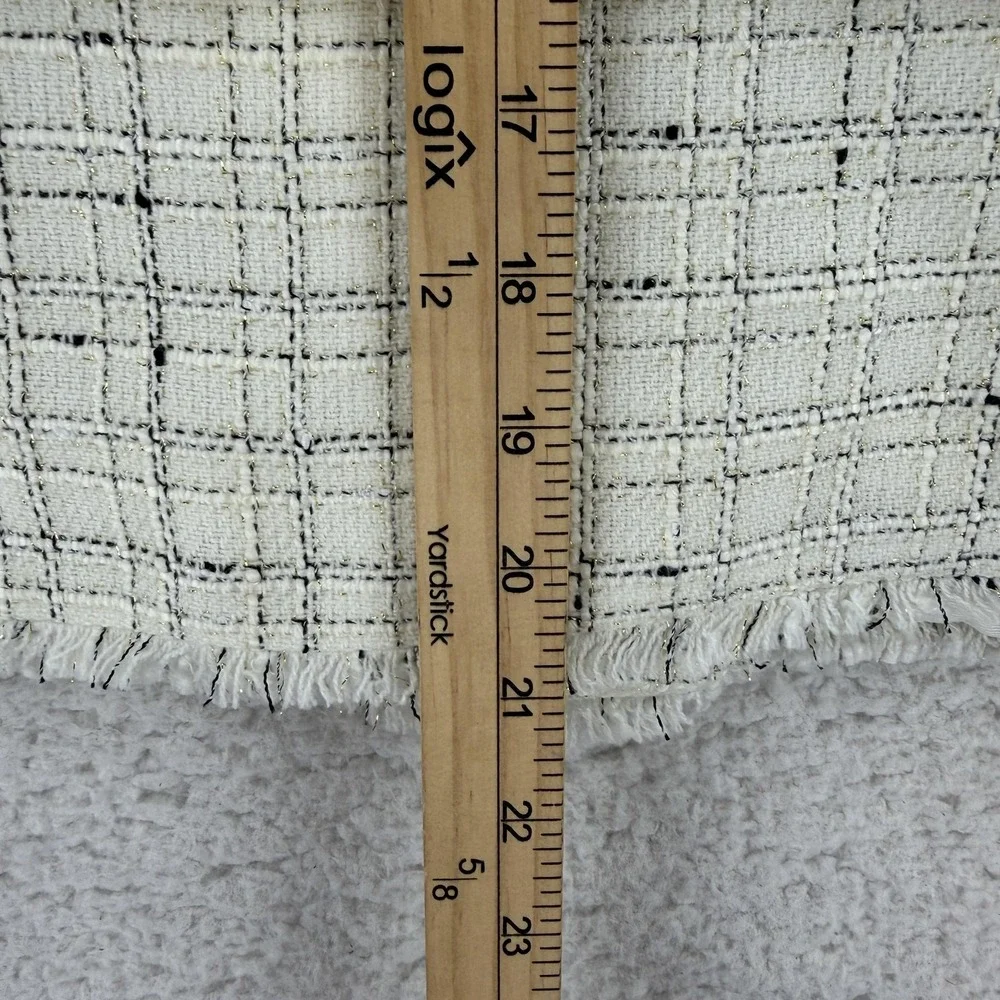 Ann Taylor Jacket Womens 0 White Tweed Moto Asymmetrical Zip Fringe‎ Lined Check